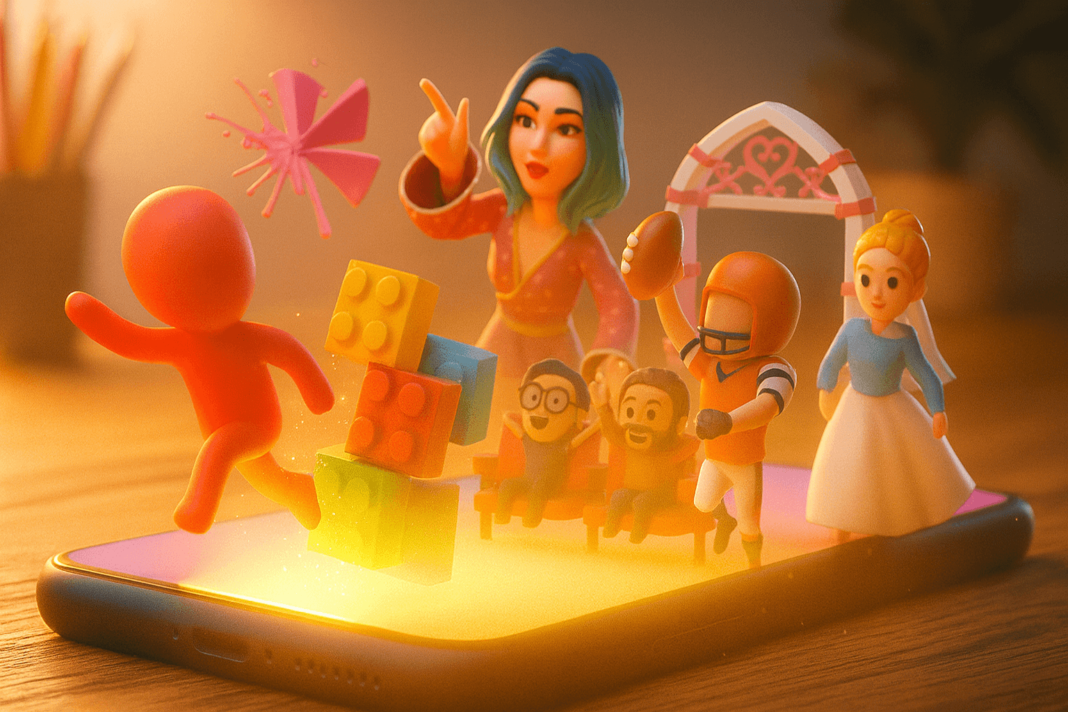 MagicLab game characters bursting out of a glowing phone on a studio desk